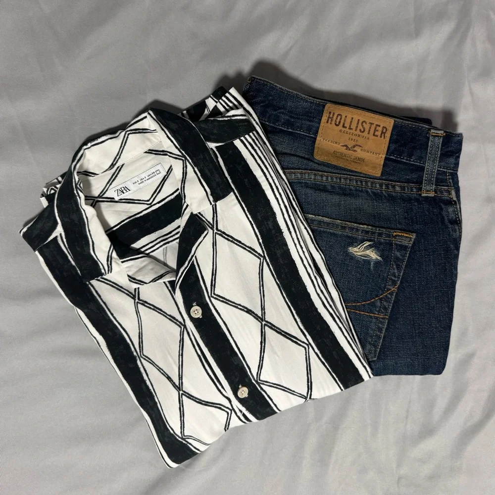 ZARA Black White Geometric Stripe Button Up Shirt | Short Sleeve | Size S